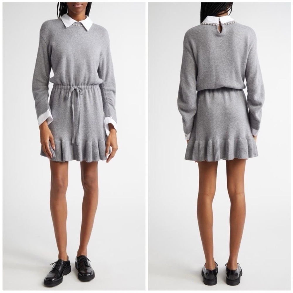 Cinq a Sept Imitation Pearl Necklace Detail Long Sleeve Layered Sweater Dress